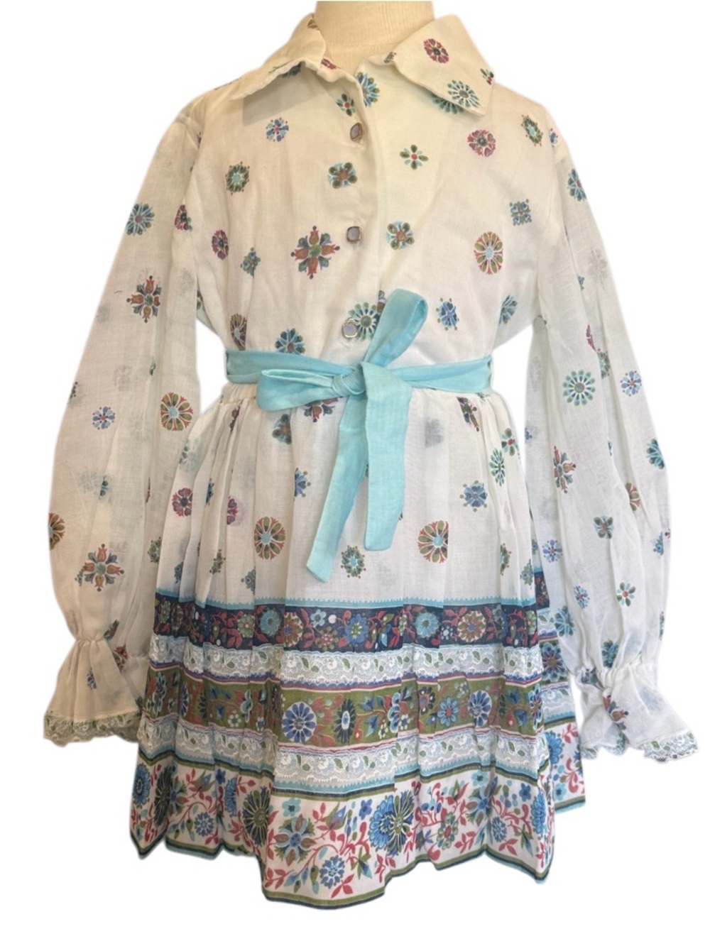 Vintage Ruth of Carolina Girls' Cream Floral Border Dress with Light Blue Sash
